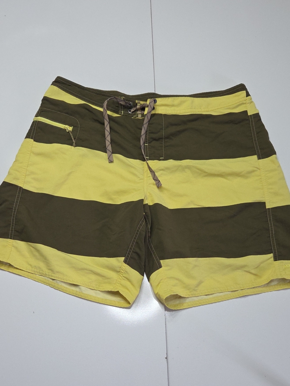 Patagonia Yellow and Olive Wide-Stripe Board Shorts
